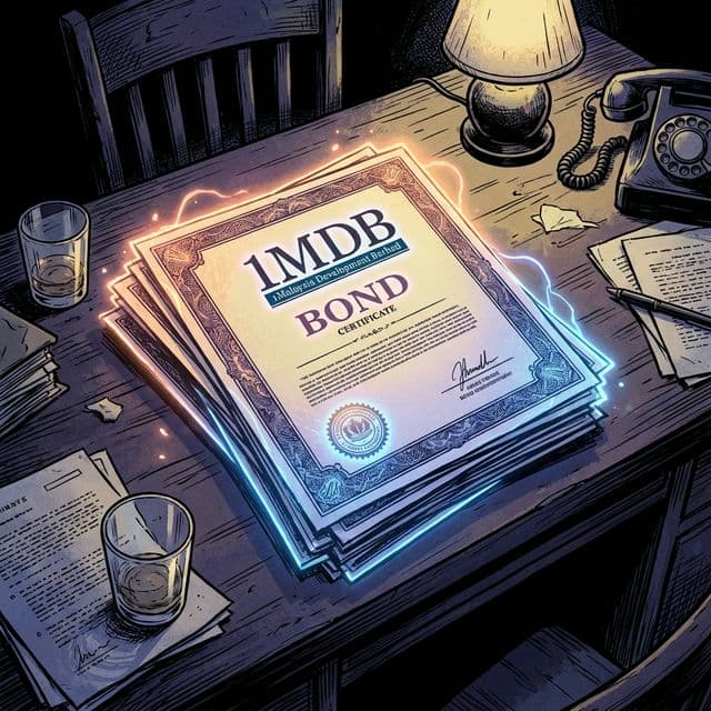 Illustration of official 1MDB bonds glowing on a desk