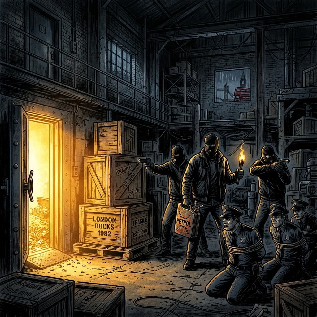 Masked robbers holding petrol near bound guards, gold glowing from the vault