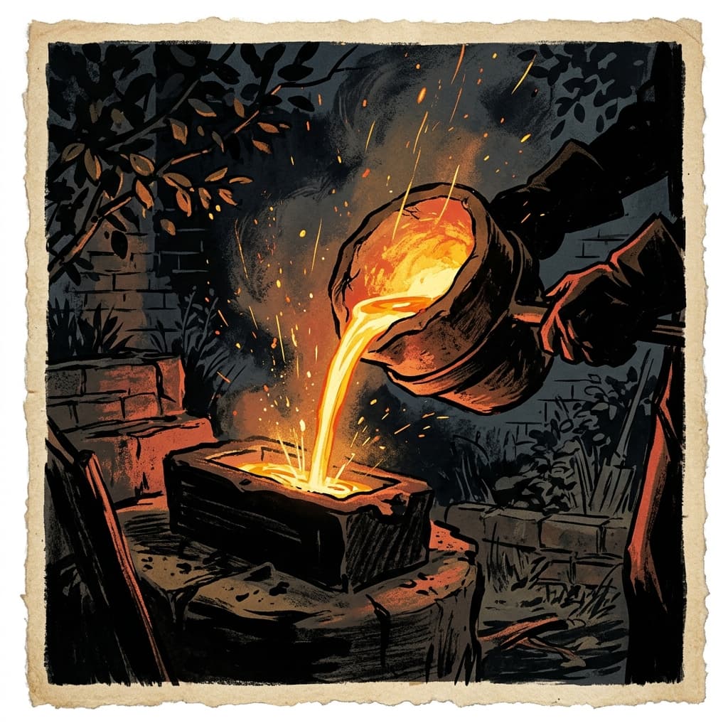 A glowing stream of molten liquid gold being poured from a crucible in a dark furnace