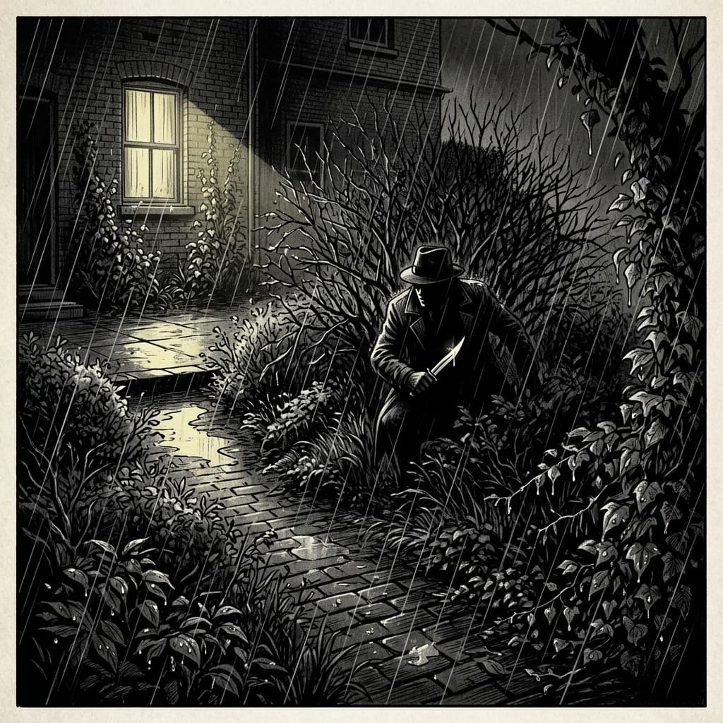A dark garden at night, a shadowed figure holding a blade in the bushes under cold light