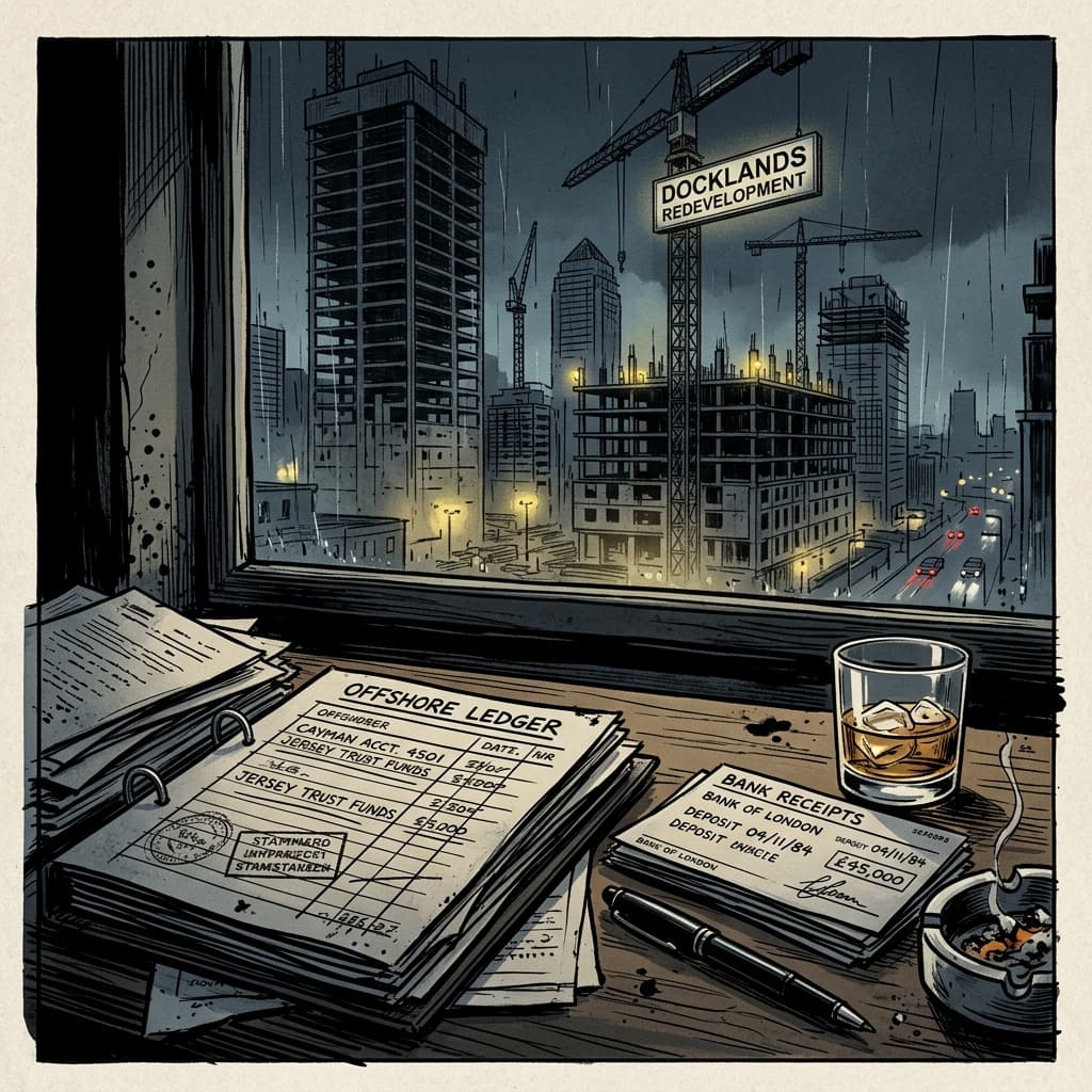 Offshore ledgers and maps on a desk, with London Docklands skyscrapers under construction