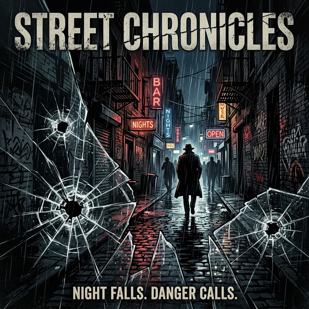 A gritty crime scene illustration with bullet holes in glass and dark streets