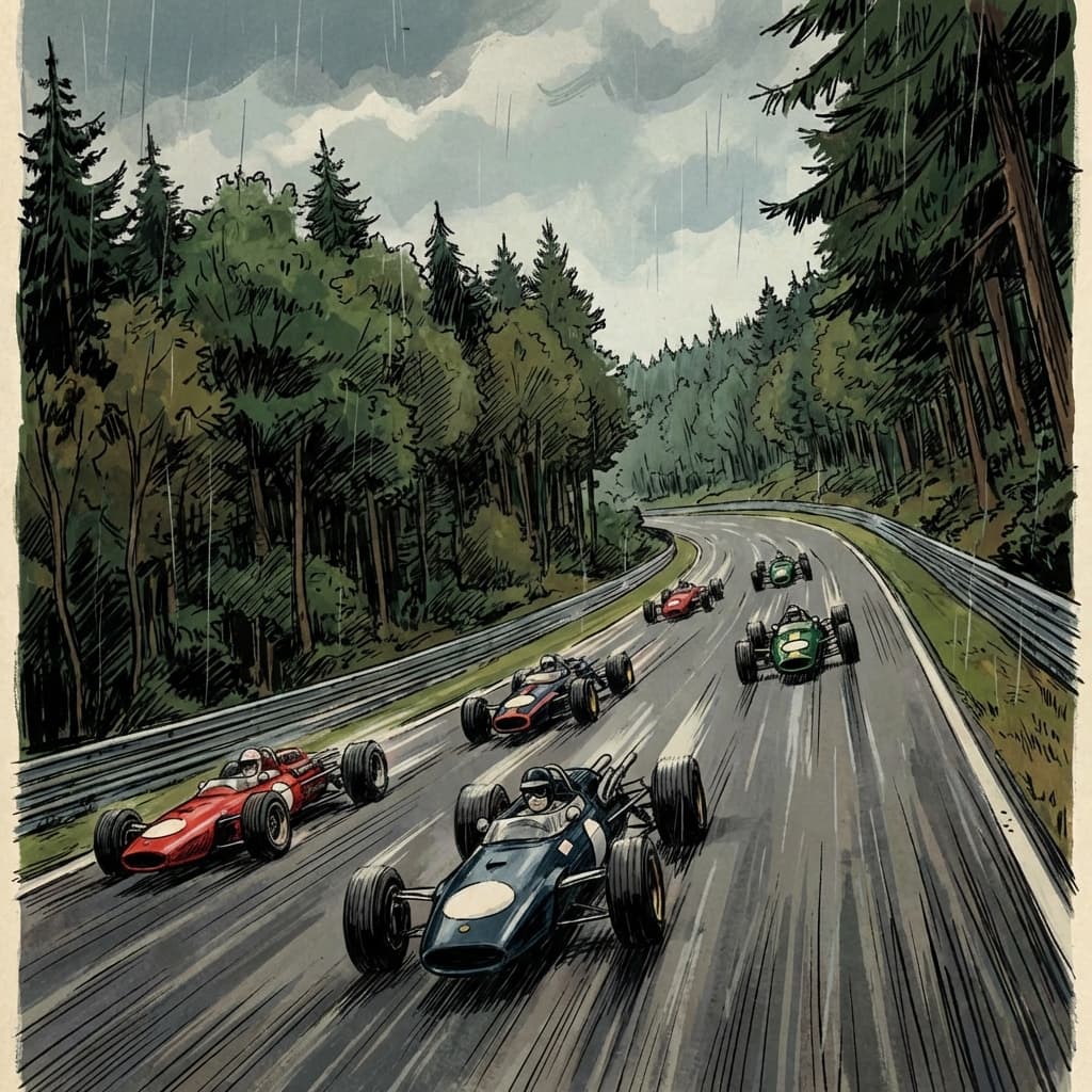 Formula 1 cars racing through Eau Rouge