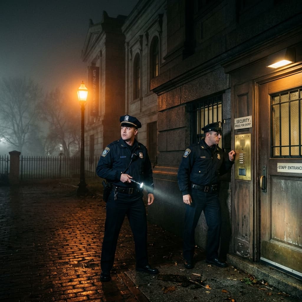 Two thieves in police uniforms standing outside the security buzzer at night