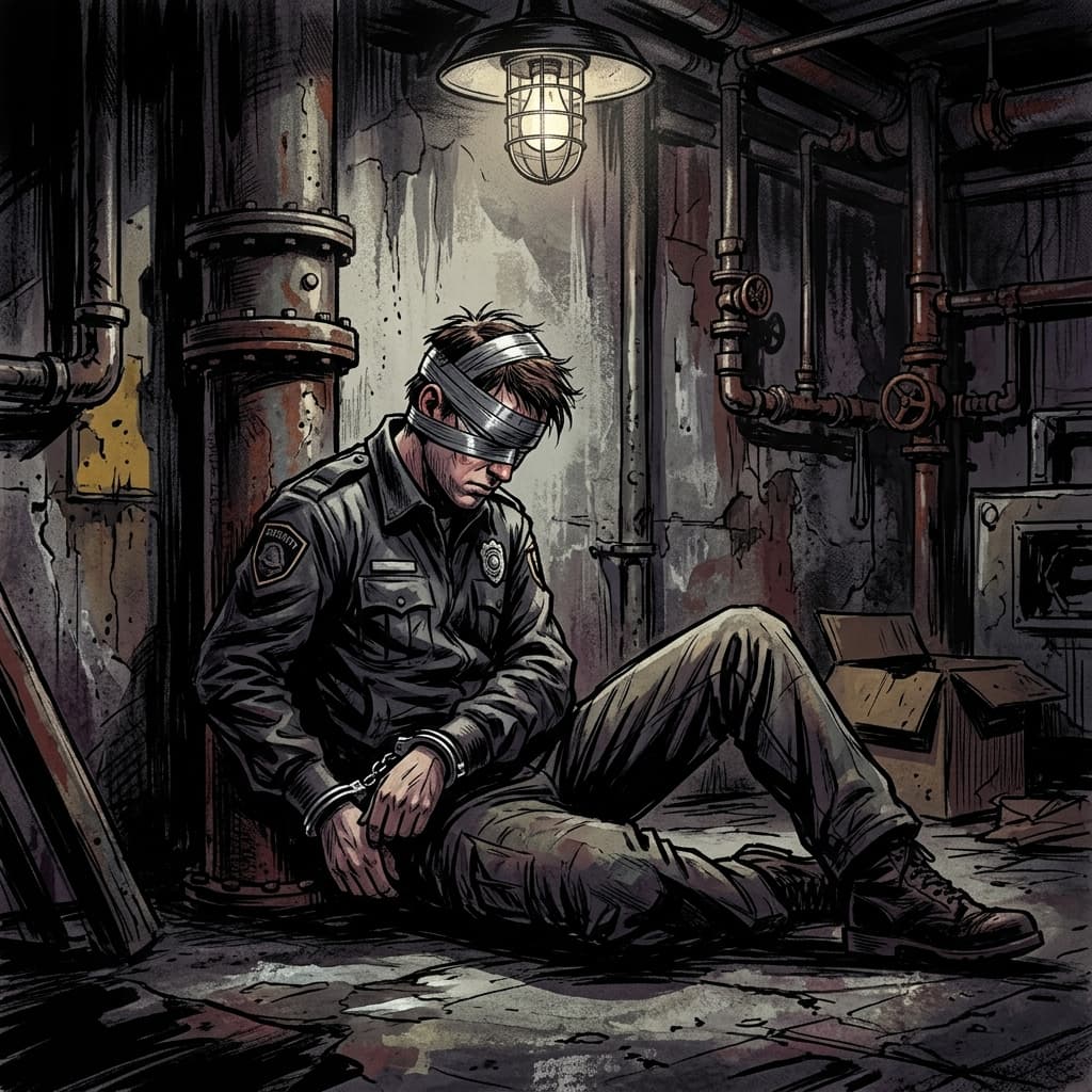 The night watchman handcuffed to a steam pipe in the dark basement