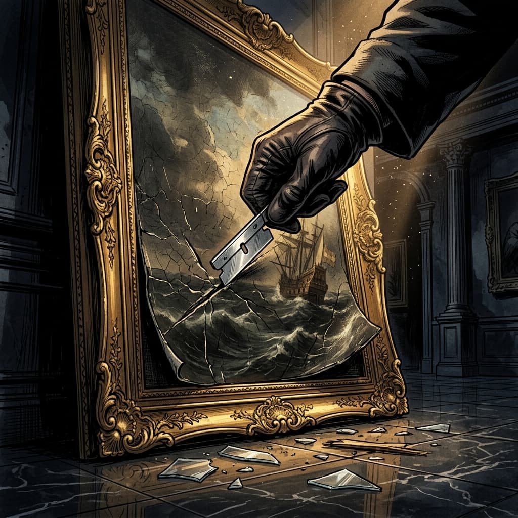 A razor blade cutting a masterpiece canvas from its gilded frame in a dark gallery room