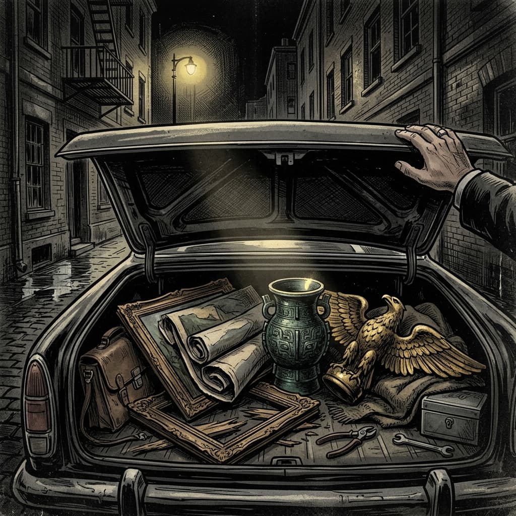 An open car trunk showing stolen paintings, a bronze gu, and an eagle finial
