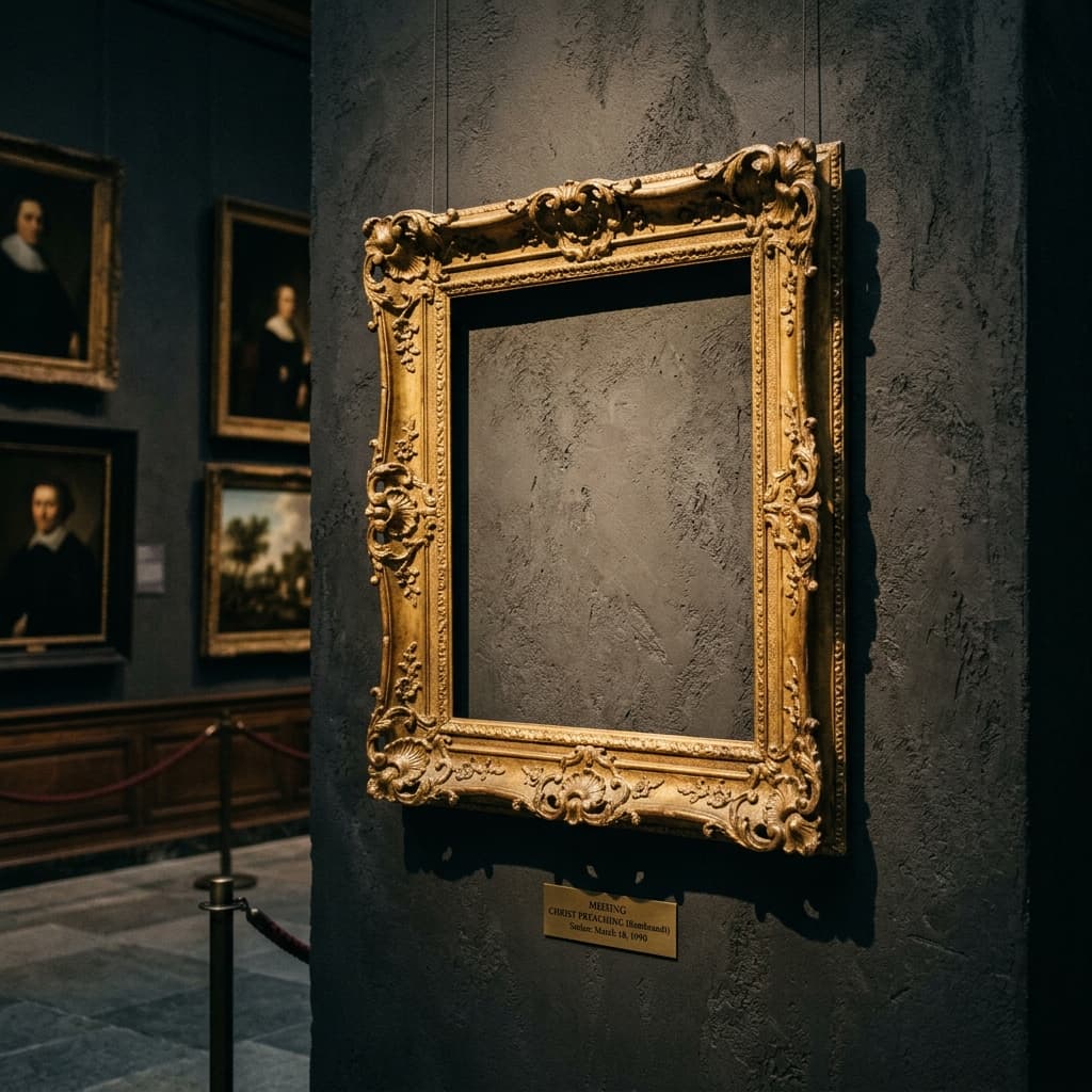 An empty gilded frame hanging on a dark textured gallery wall as a memorial