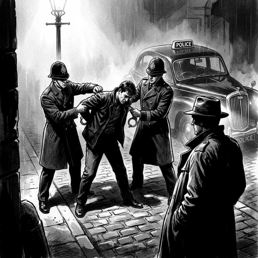 Noir illustration of British police making an arrest