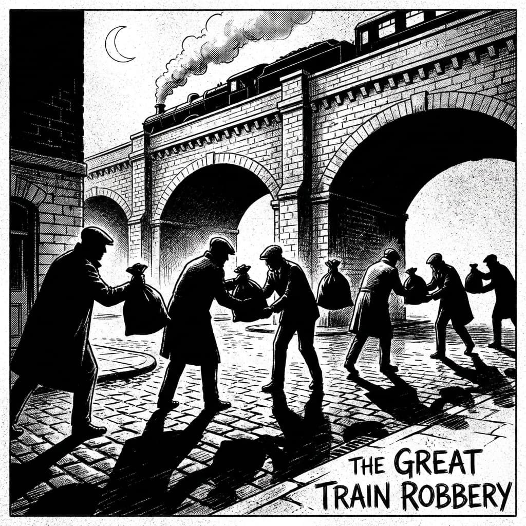 Noir illustration of silhouettes forming human chain passing bags under bridge