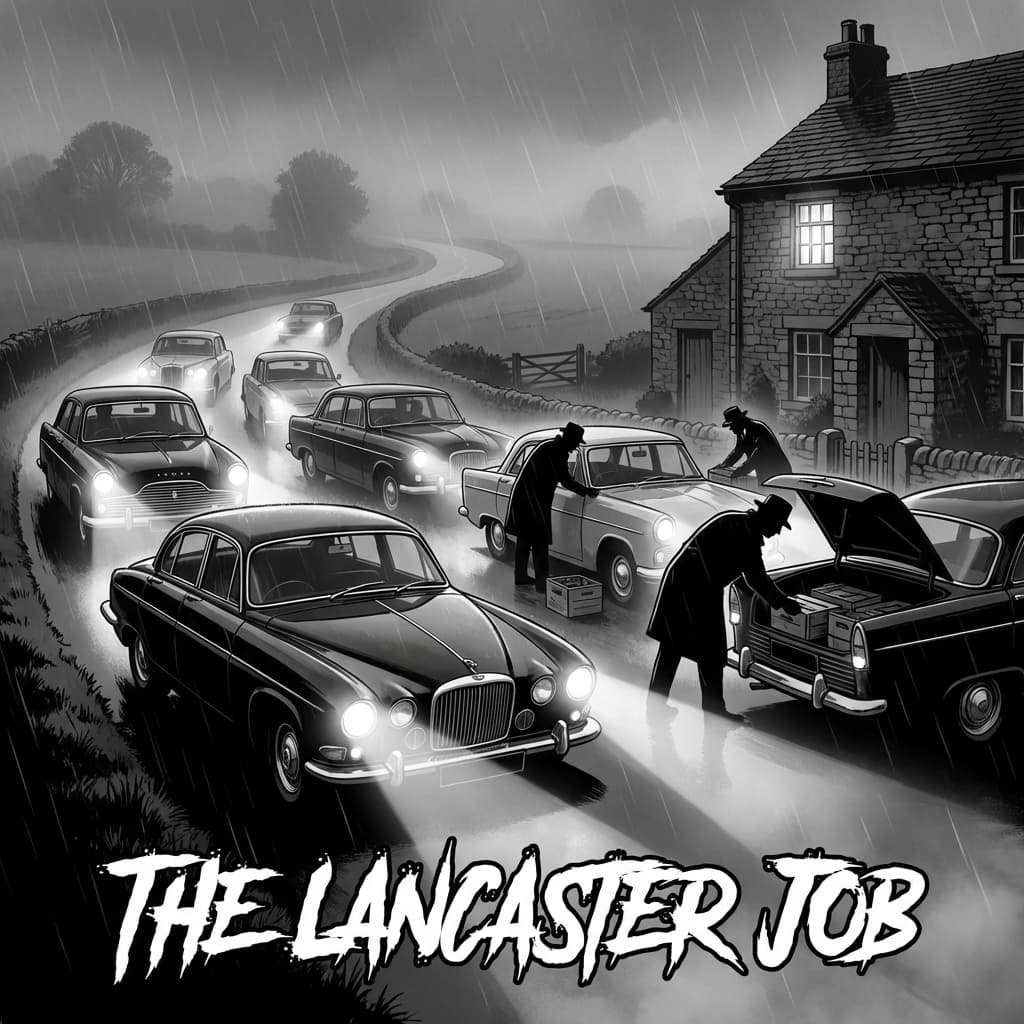 Noir illustration of vintage cars leaving a rural farmhouse at night