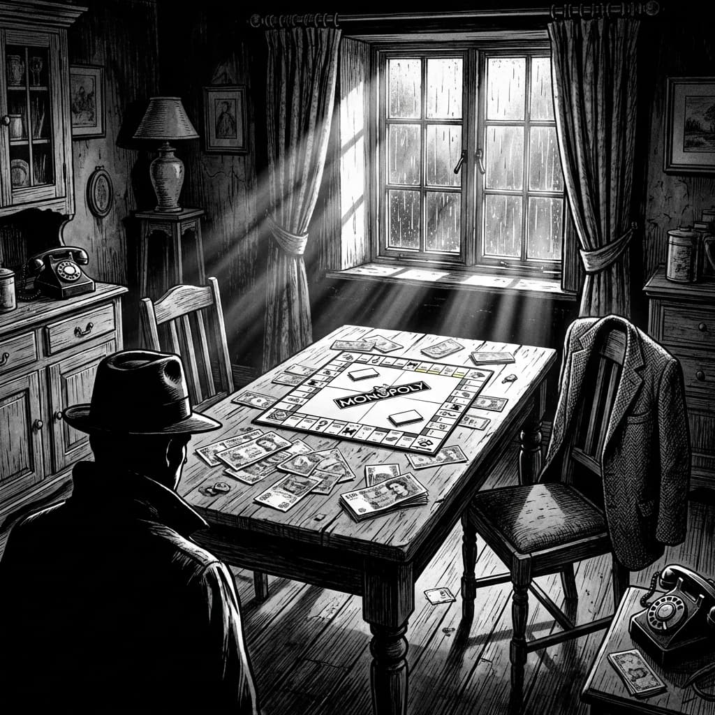 Interior illustration of farmhouse with scattered money and Monopoly board