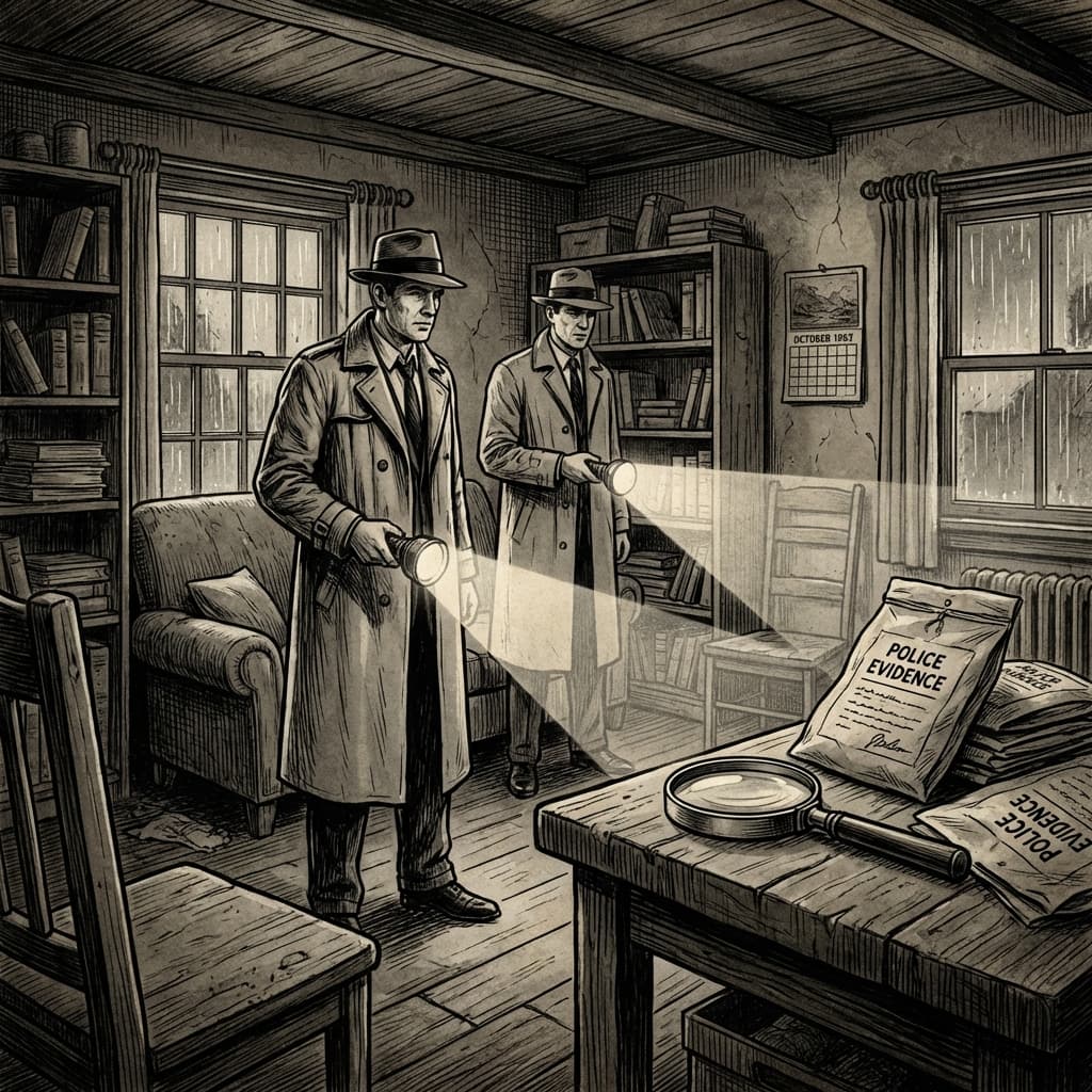 Interior illustration of police examining cluttered farmhouse with evidence