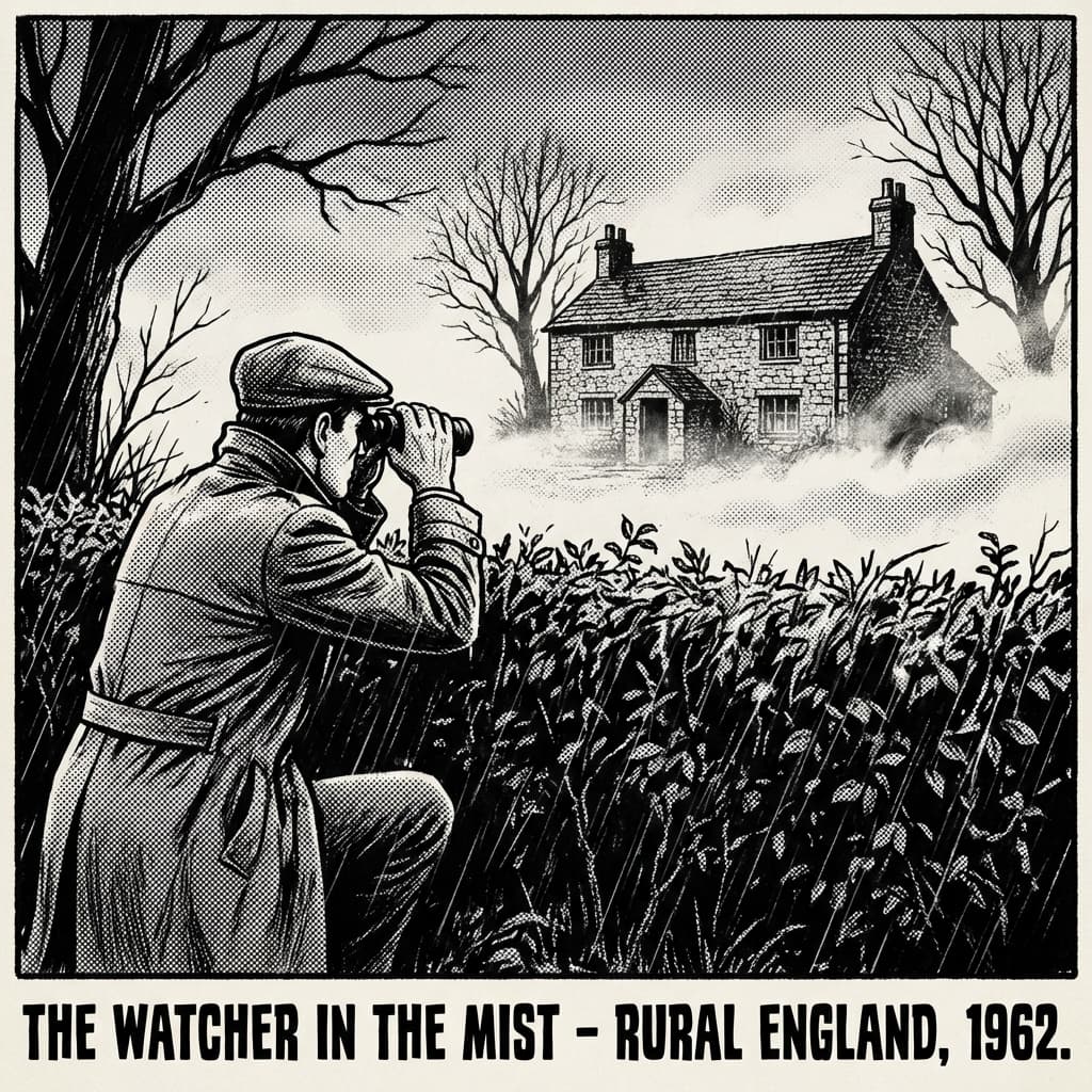 Noir illustration of man watching isolated farmhouse from field