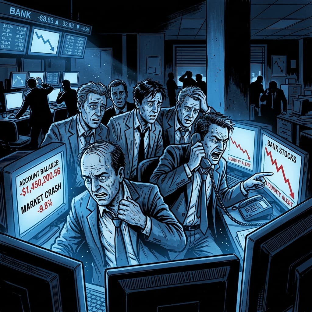Panicked financial investors looking at screens with falling balances