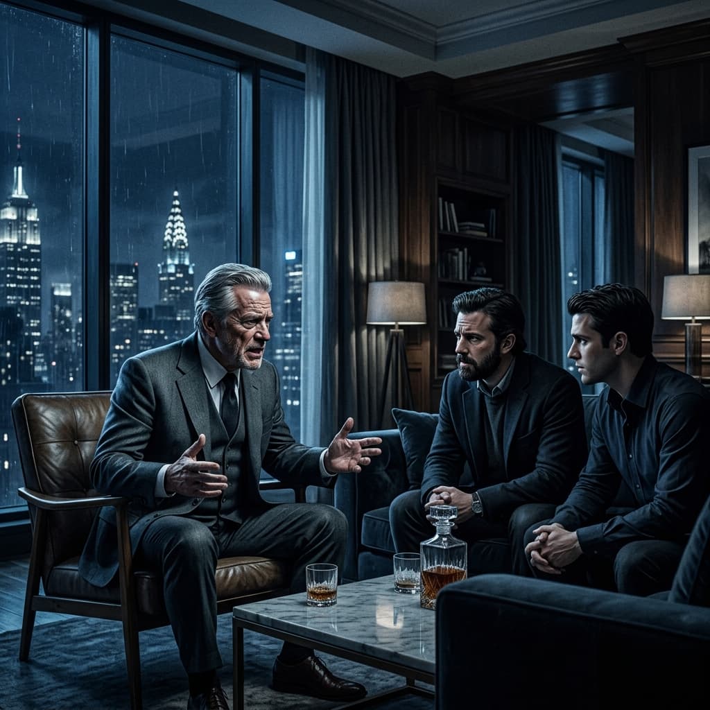 Bernie Madoff confessing to his two sons in a Manhattan apartment