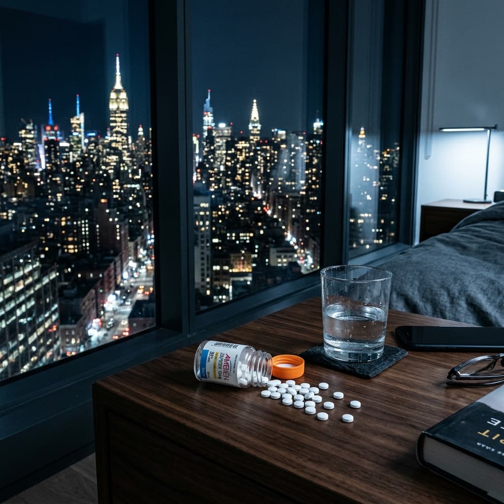 Spilled pills and a glass of water on a bedside table with NYC lights outside