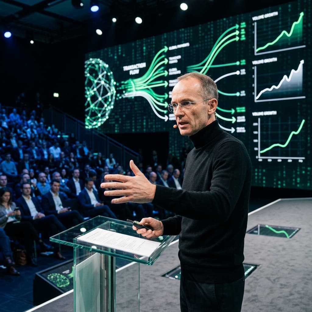 Markus Braun in a black turtleneck presenting glowing transaction flowcharts on stage
