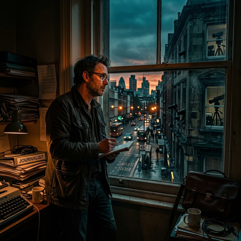 A weary journalist looking out a window at dusk, with hidden cameras and spy gear visible in the shadows