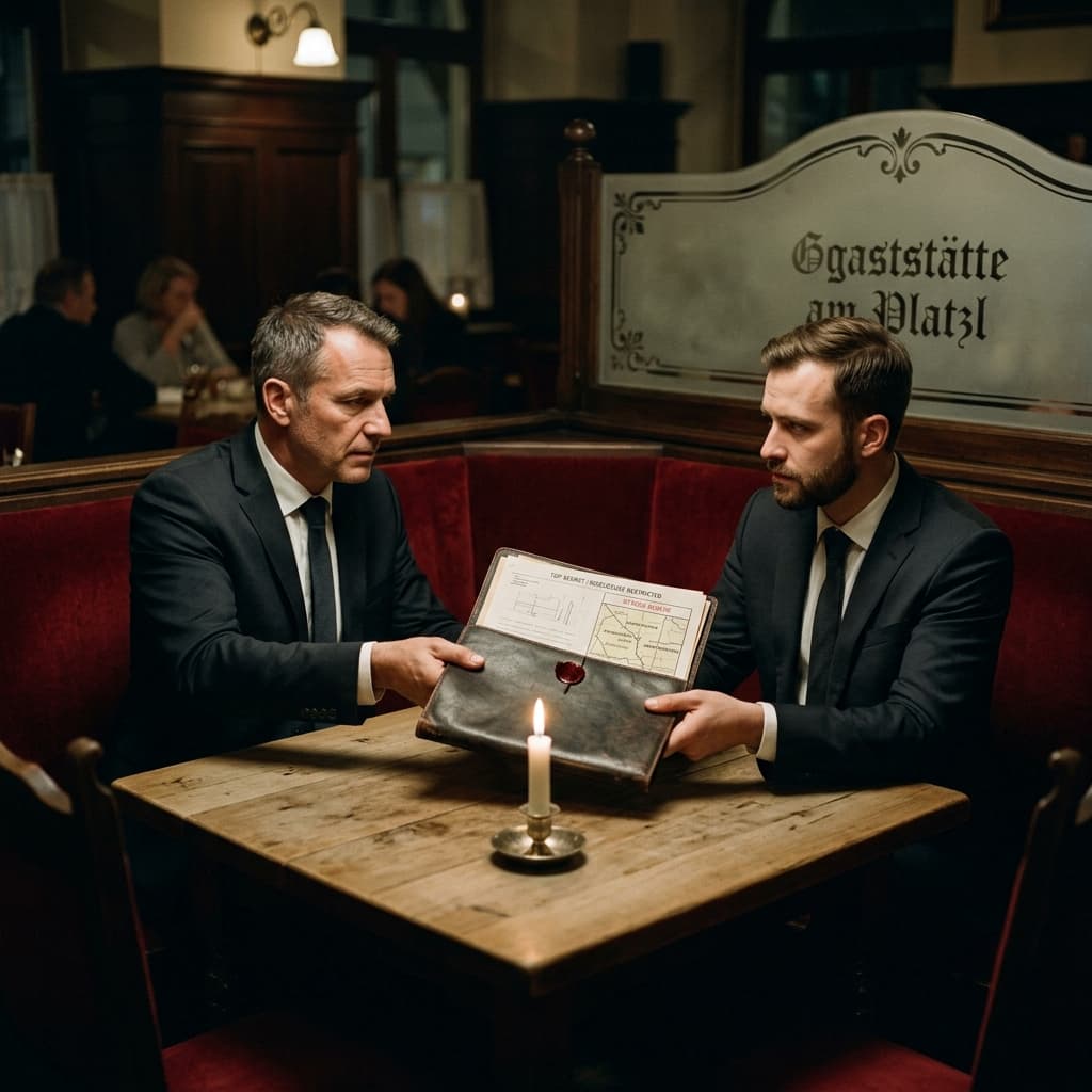 Two men in dark suits exchanging a folder over a candlelit table in a Munich restaurant