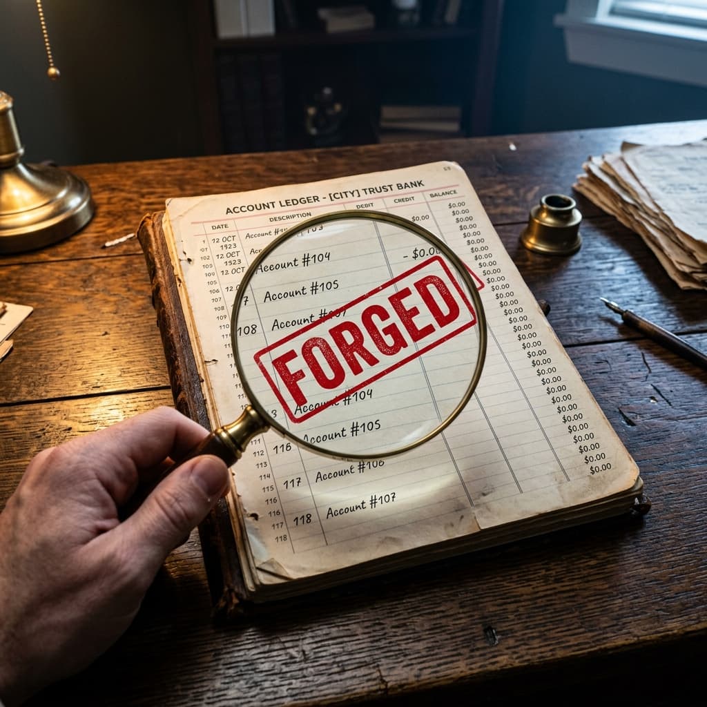 A magnifying glass focusing on a financial ledger with a red FORGED stamp over empty rows