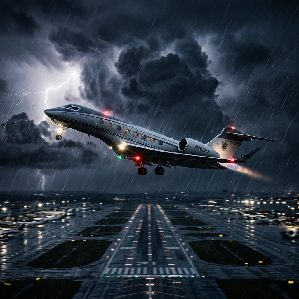 A private jet climbing into a dark, stormy night sky over blurred runway lights