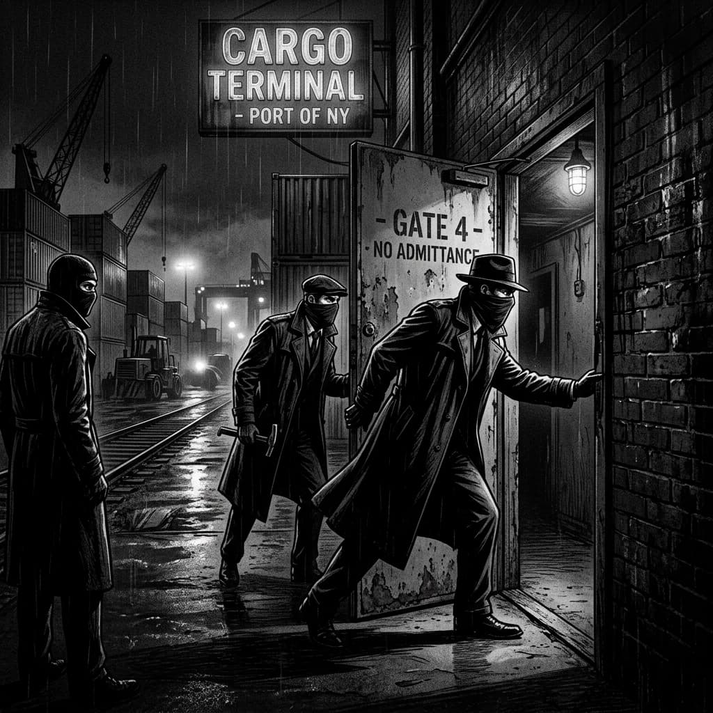 Illustration of masked men entering the cargo terminal