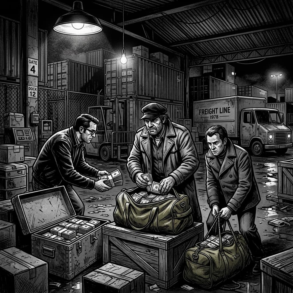 Illustration of men Loading duffel bags with cash