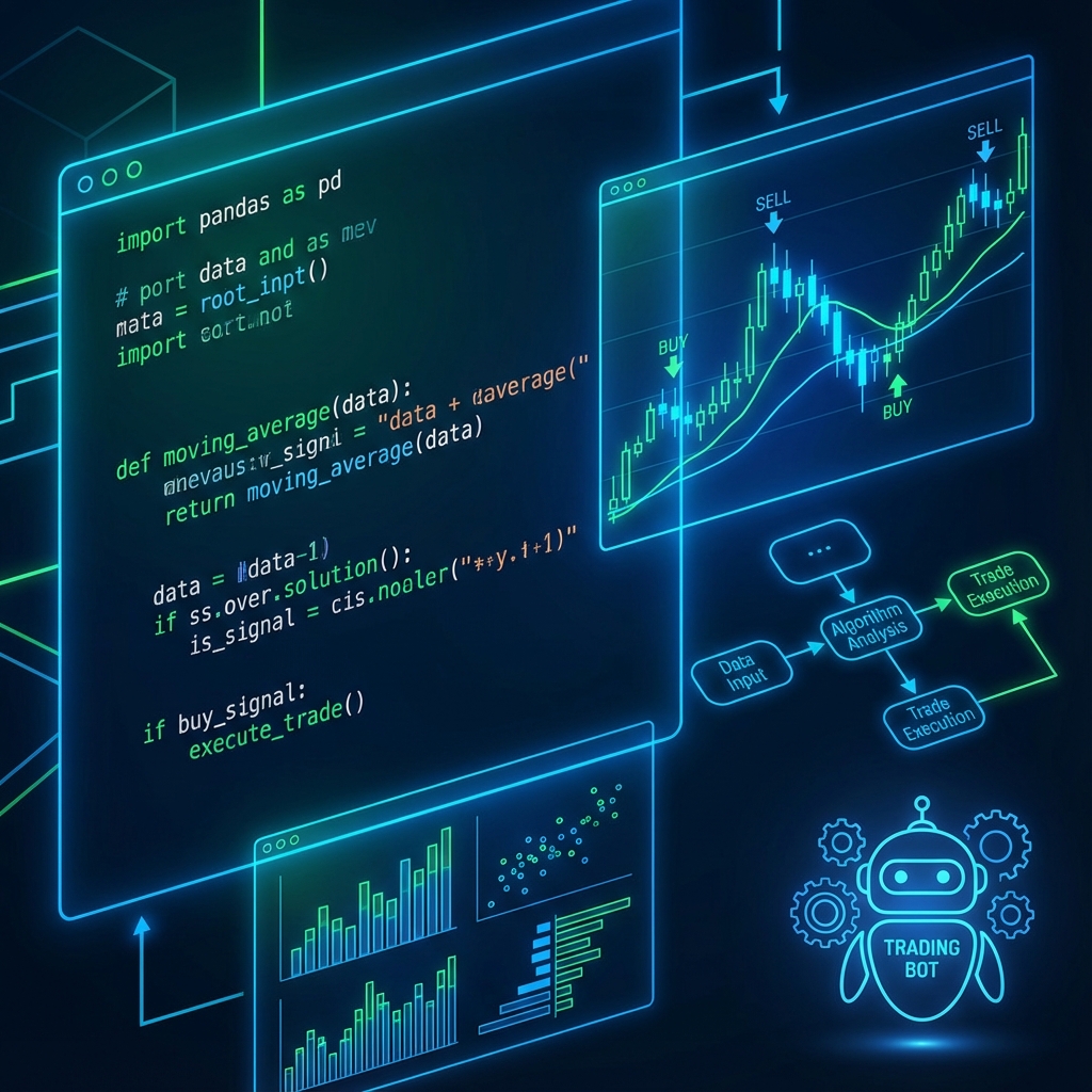 Algorithmic trading Python code visualization with automated buy and sell signals on stock chart, moving average indicators, and trading bot algorithm flowchart