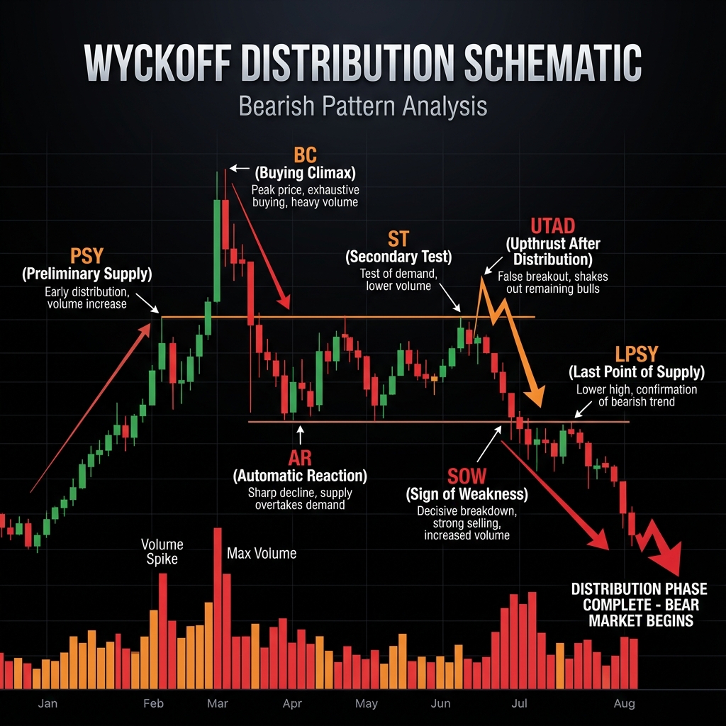 Wyckoff Distribution Schematic diagram showing PSY, BC, AR, ST, UTAD, SOW, and LPSY phases with volume analysis for identifying institutional selling patterns