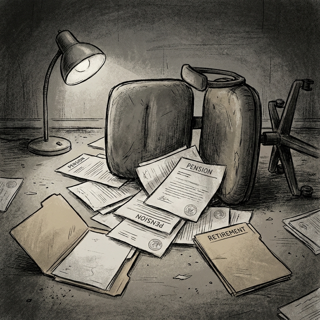 Illustration of scattered pension documents and empty retirement folders