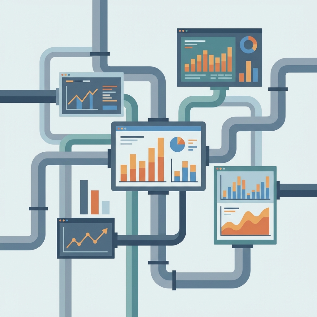 Illustration of abstract energy pipelines and trading screens representing Enron's business model
