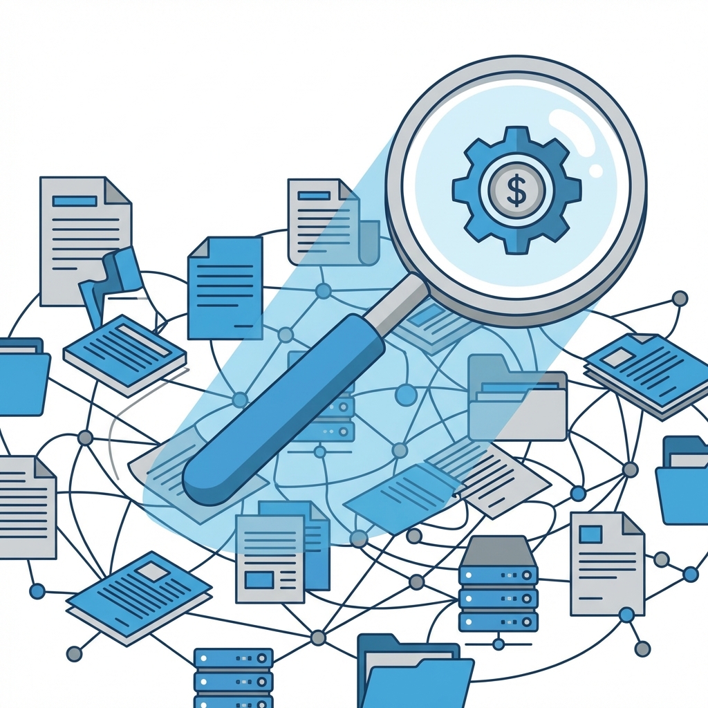 Illustration of a magnifying glass over a web of corporate connections