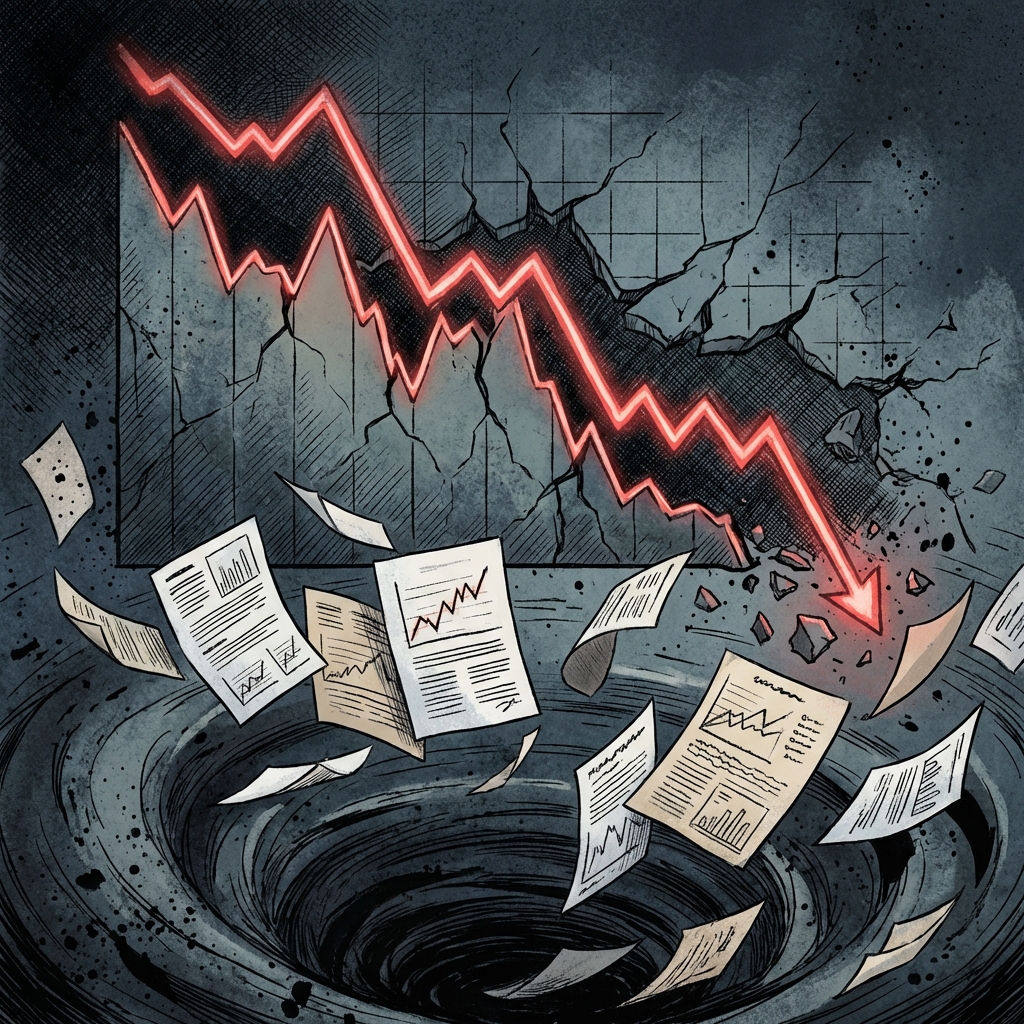 Illustration of a stock chart crashing dramatically with paper documents falling