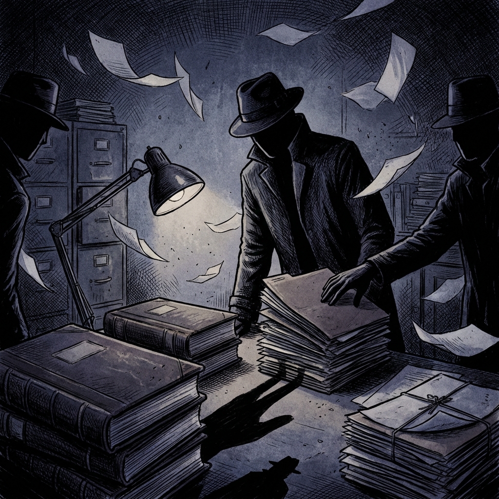 Illustration of shadowy figures manipulating stacked financial documents