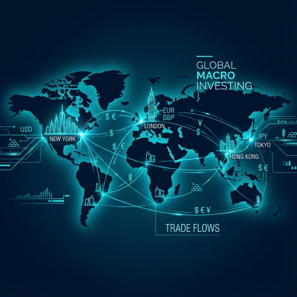 Global macro investing world map showing major financial hubs, currency flows, commodity markets, and international trade connections across New York, London, Tokyo, and Hong Kong