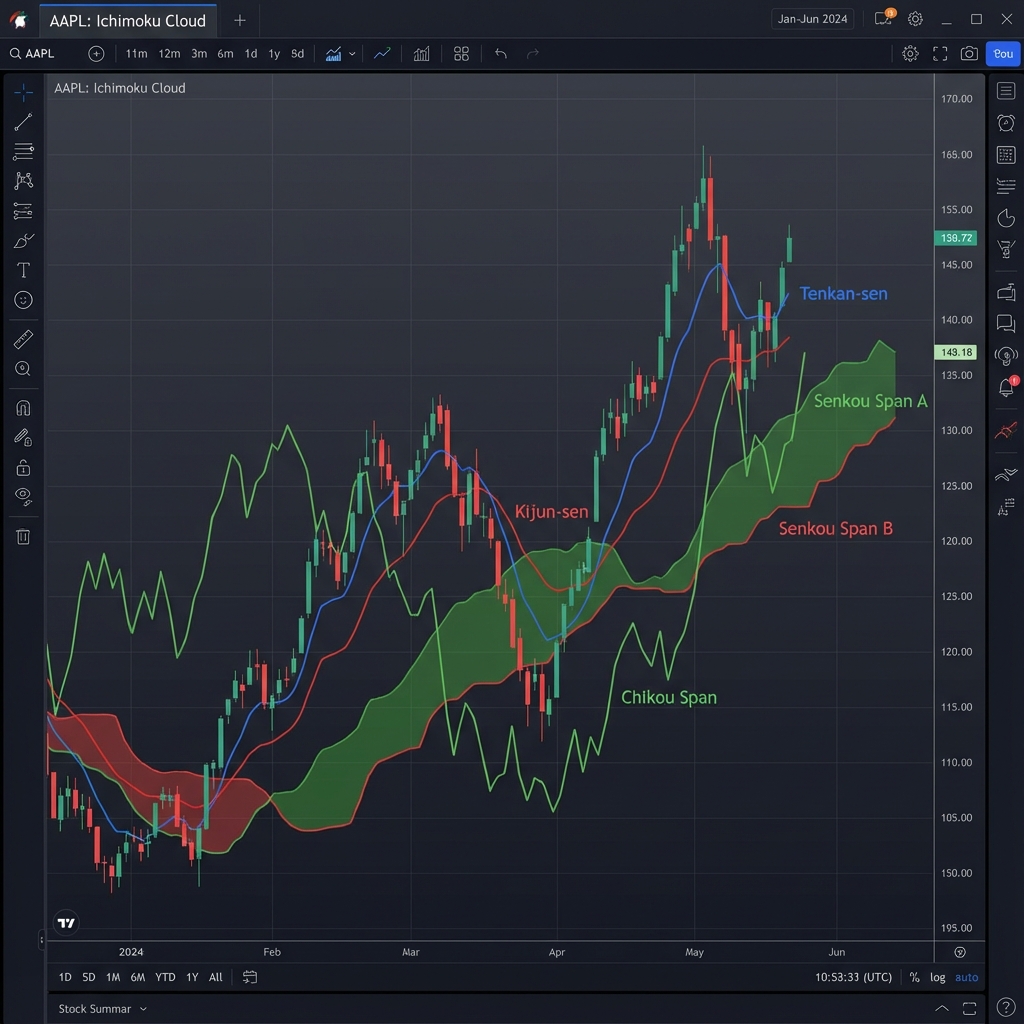 Ichimoku Cloud trading chart with candlestick data showing Tenkan-sen, Kijun-sen, Senkou Span A and B cloud formation, and Chikou Span technical indicators