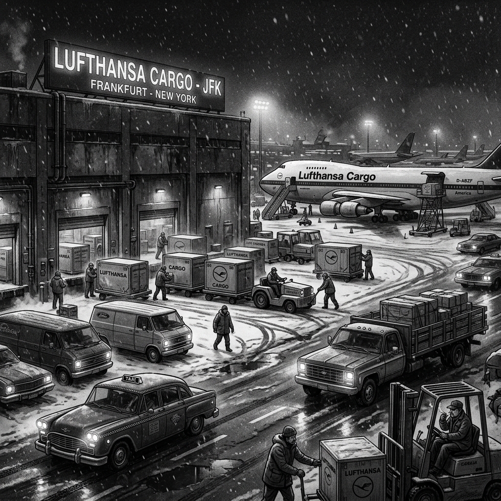 Noir style illustration of the Lufthansa cargo terminal at JFK airport, December 1978