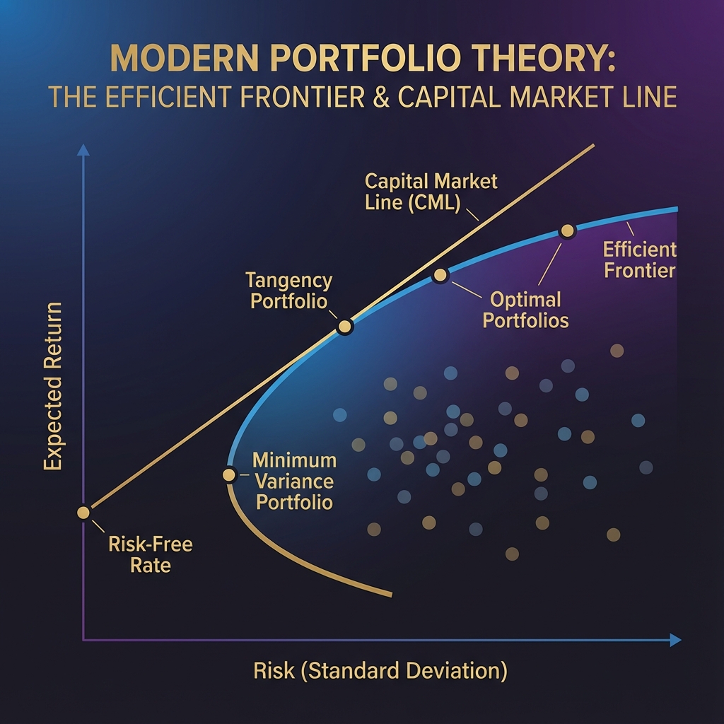 Modern Portfolio Theory efficient frontier curve showing optimal risk-return portfolio combinations with capital market line and asset allocation points