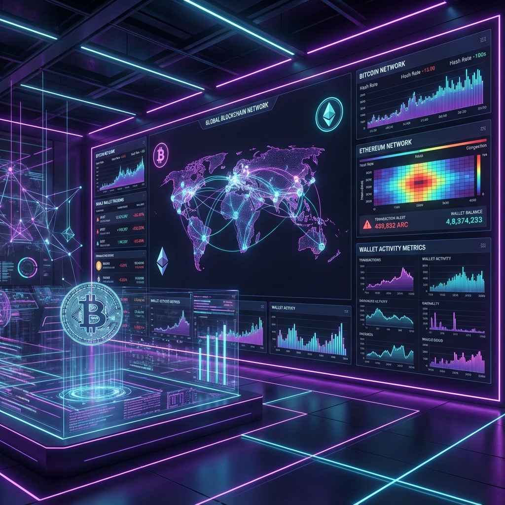 Cryptocurrency on-chain analytics dashboard showing blockchain network metrics, Bitcoin and Ethereum transaction flows, whale wallet tracking, and hash rate indicators
