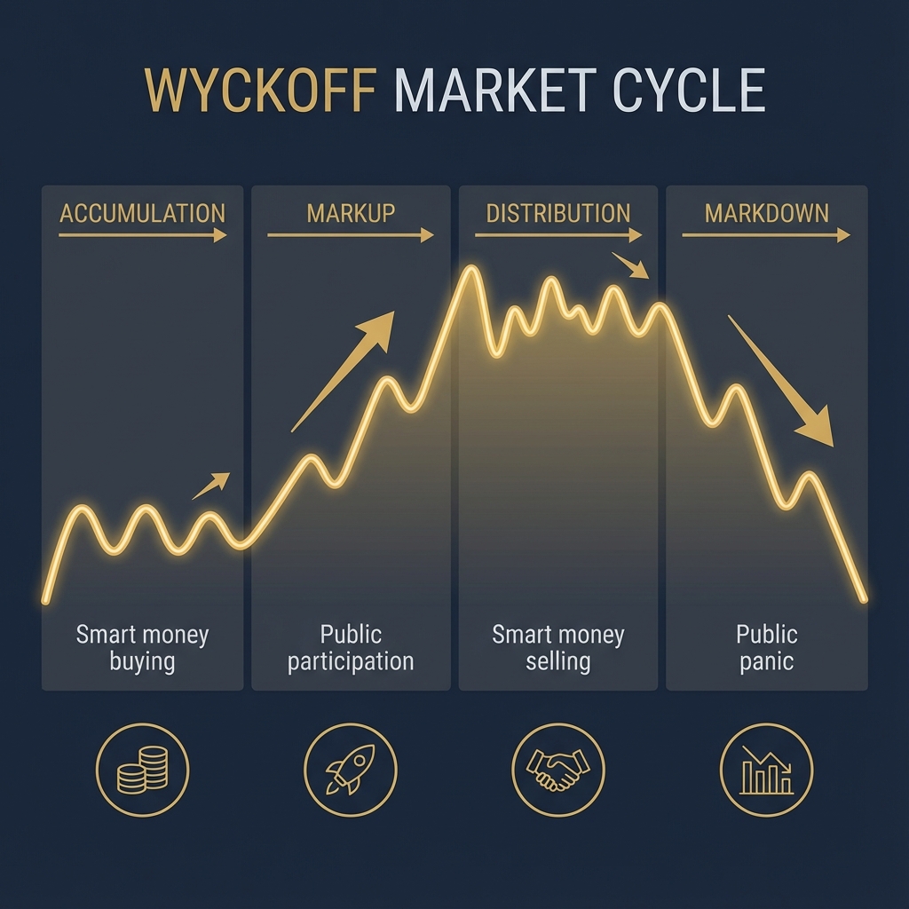 Wyckoff Market Cycle diagram showing the four phases: Accumulation, Markup, Distribution, and Markdown with price movement arrows and trend indicators
